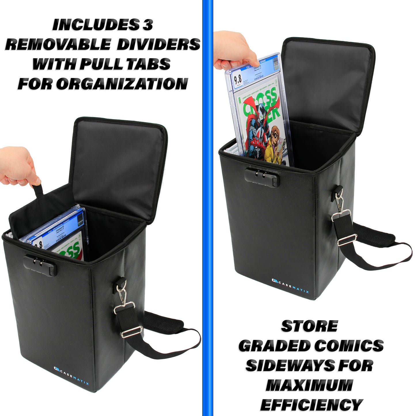 CASEMATIX Graded Comic Book Storage Fits 15 CGC Graded Comics, Hard Shell Fire Resistant Comic Book Bin with Three Padded Comic Book Box Dividers