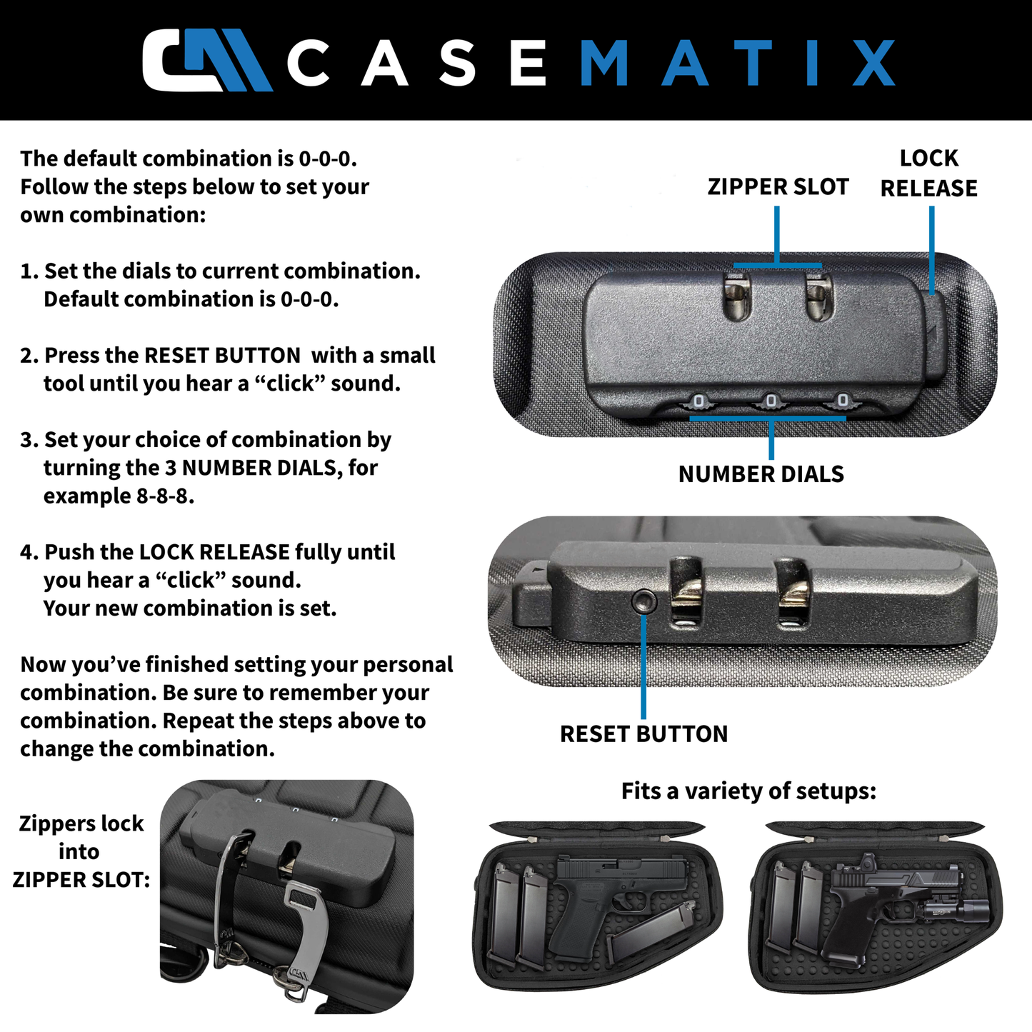CASEMATIX Locking Pistol Case Fits Small to Large 9mm Pistols with Room For Extra Clips and Attachments - Premium Handgun Case with Lock Zippers