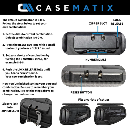 CASEMATIX Locking Pistol Case Fits Small to Large 9mm Pistols with Room For Extra Clips and Attachments - Premium Handgun Case with Lock Zippers