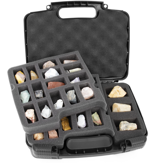 CASEMATIX Rock Collection Travel Case - 30 Slot Rock Collection Box with Two Pre-Cut Foam Trays, Protective Crystal Storage Travel Case with Customizable Foam Section!